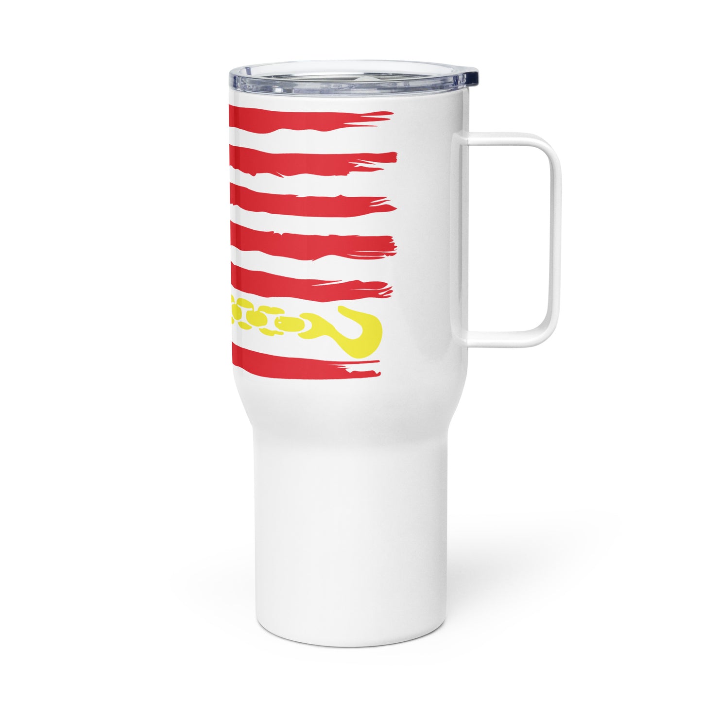 Thin Yellow Line Travel Mug - Distressed American Flag with Tow Hook Design