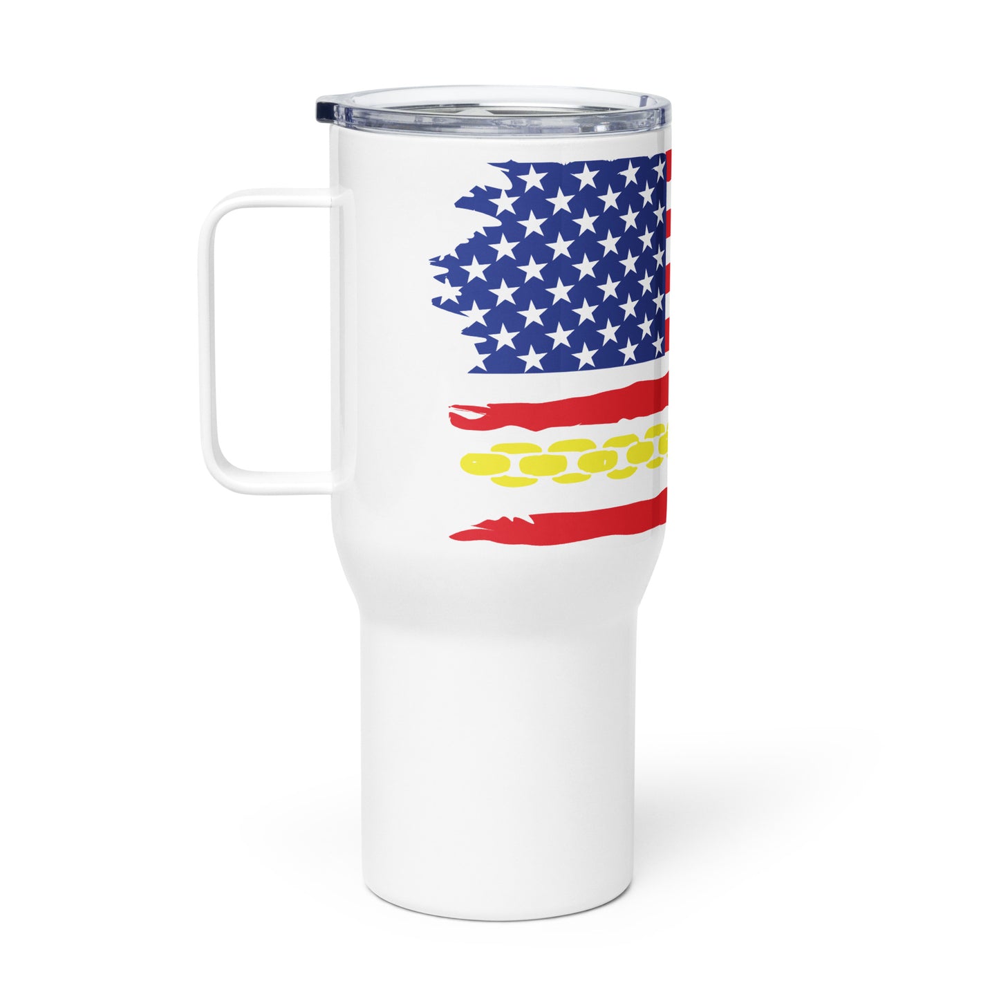 Thin Yellow Line Travel Mug - Distressed American Flag with Tow Hook Design