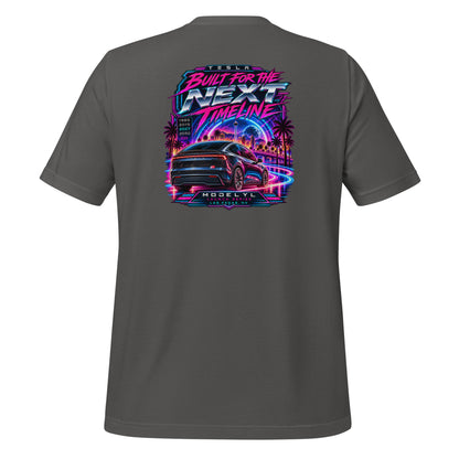 Tesla Model Y L Next Timeline T-shirt in asphalt — back view, neon synthwave Las Vegas graphic