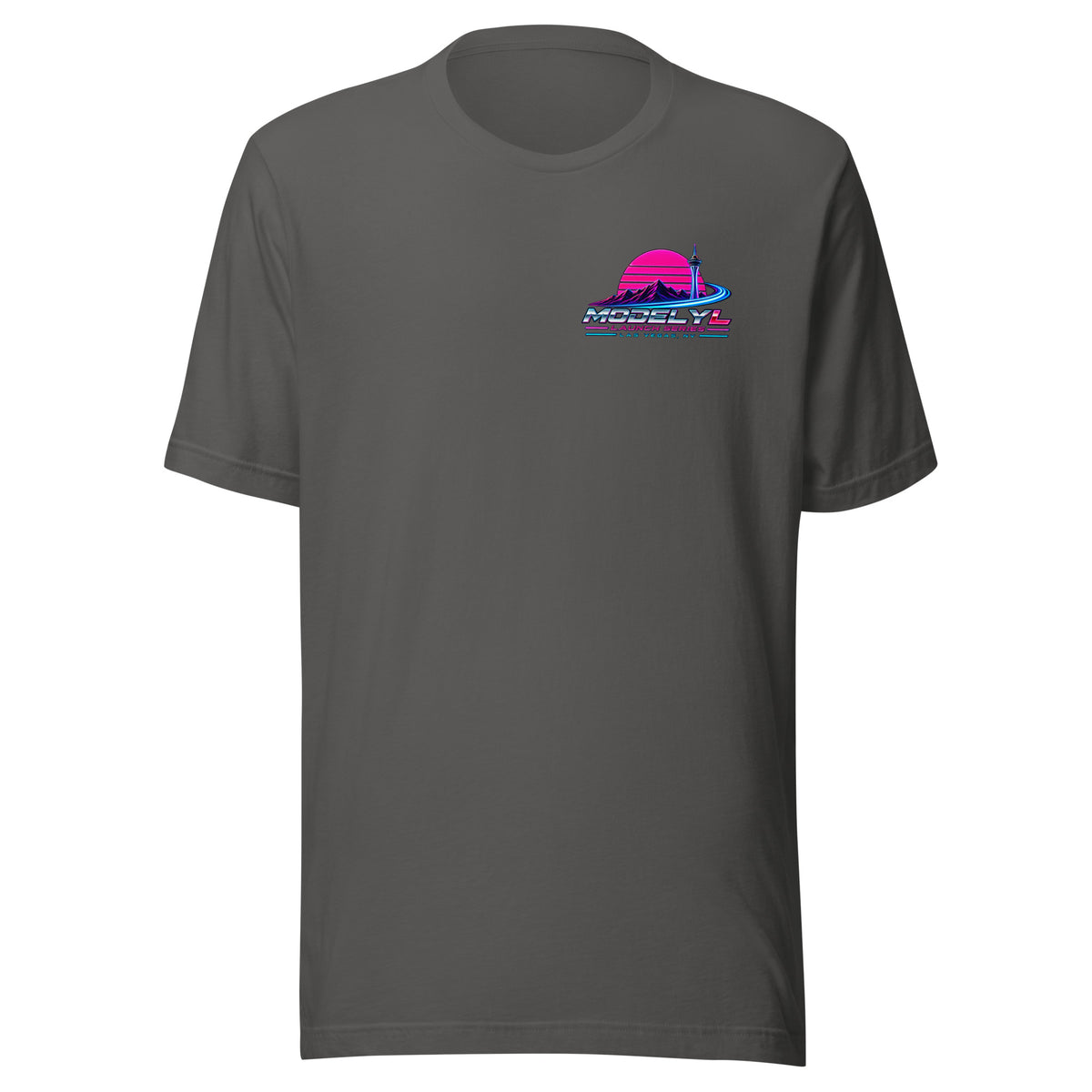 Tesla Model Y L Next Timeline T-shirt in asphalt — front view, small chest graphic