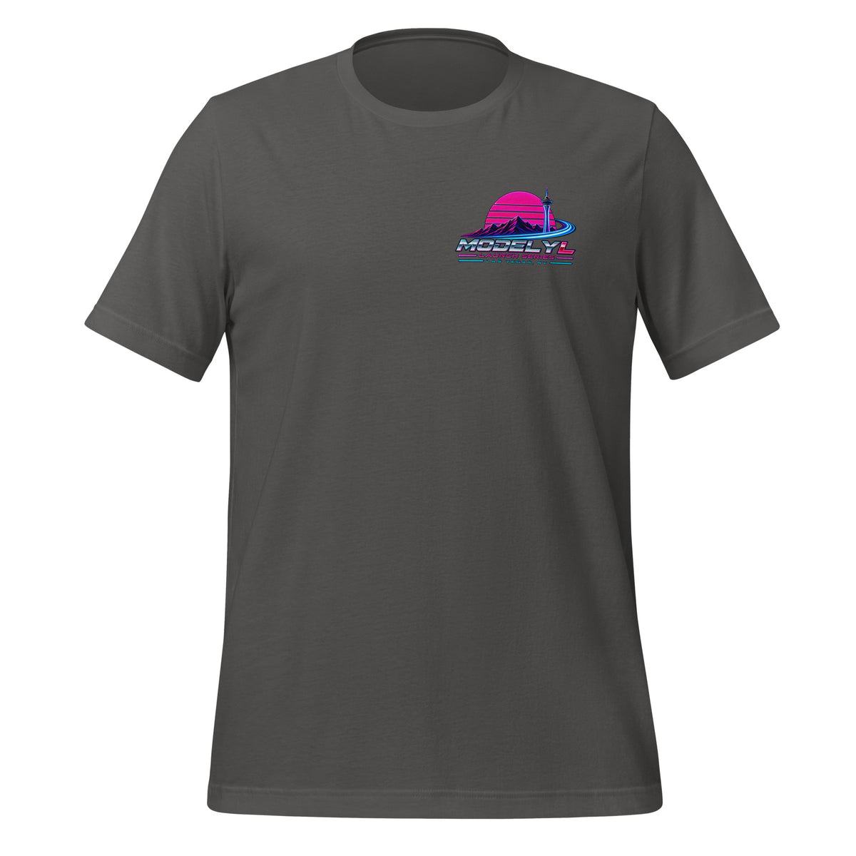 Tesla Model Y L Next Timeline T-shirt in asphalt — front view, small chest graphic