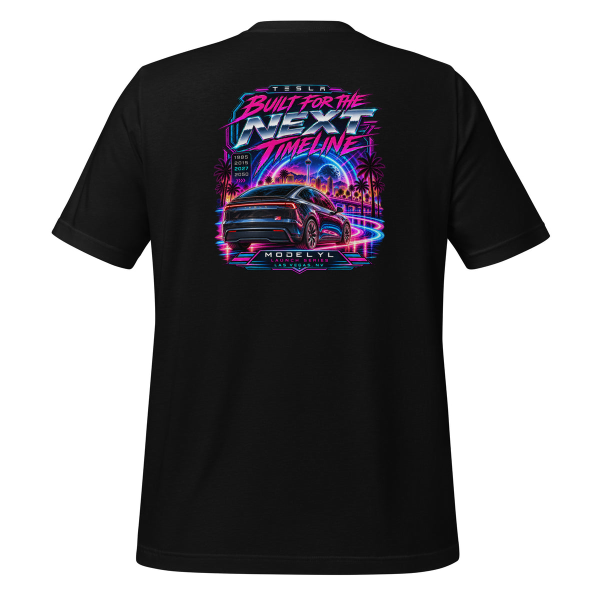 Tesla Model Y L Next Timeline T-shirt in black — back view, neon synthwave Las Vegas graphic