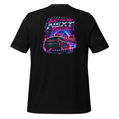 Tesla Model Y L Next Timeline T-shirt in black — back view, neon synthwave Las Vegas graphic