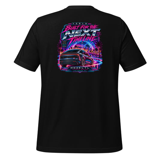 Tesla Model Y L Next Timeline T-shirt in black — back view, neon synthwave Las Vegas graphic