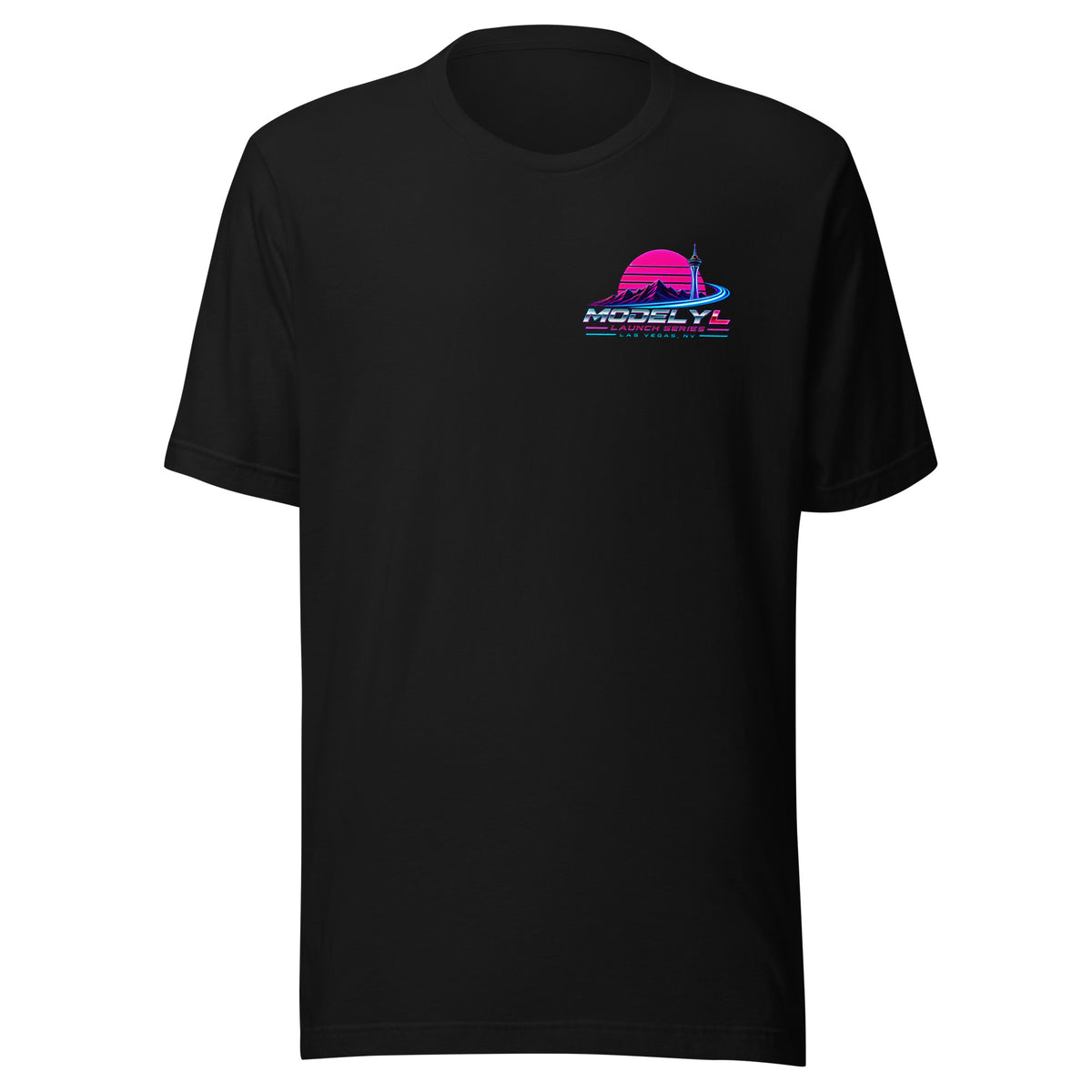 Tesla Model Y L Next Timeline T-shirt in black — front view, small chest graphic