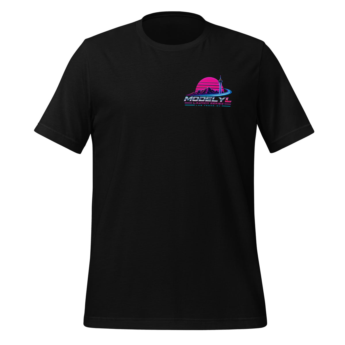 Tesla Model Y L Next Timeline T-shirt in black — front view, small chest graphic