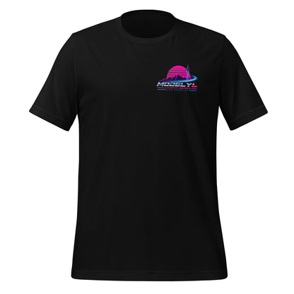 Tesla Model Y L Next Timeline T-shirt in black — front view, small chest graphic