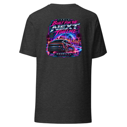 Tesla Model Y L Next Timeline T-shirt in dark grey heather — back view, neon synthwave Las Vegas graphic