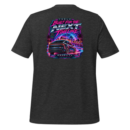 Tesla Model Y L Next Timeline T-shirt in dark grey heather — back view, neon synthwave Las Vegas graphic