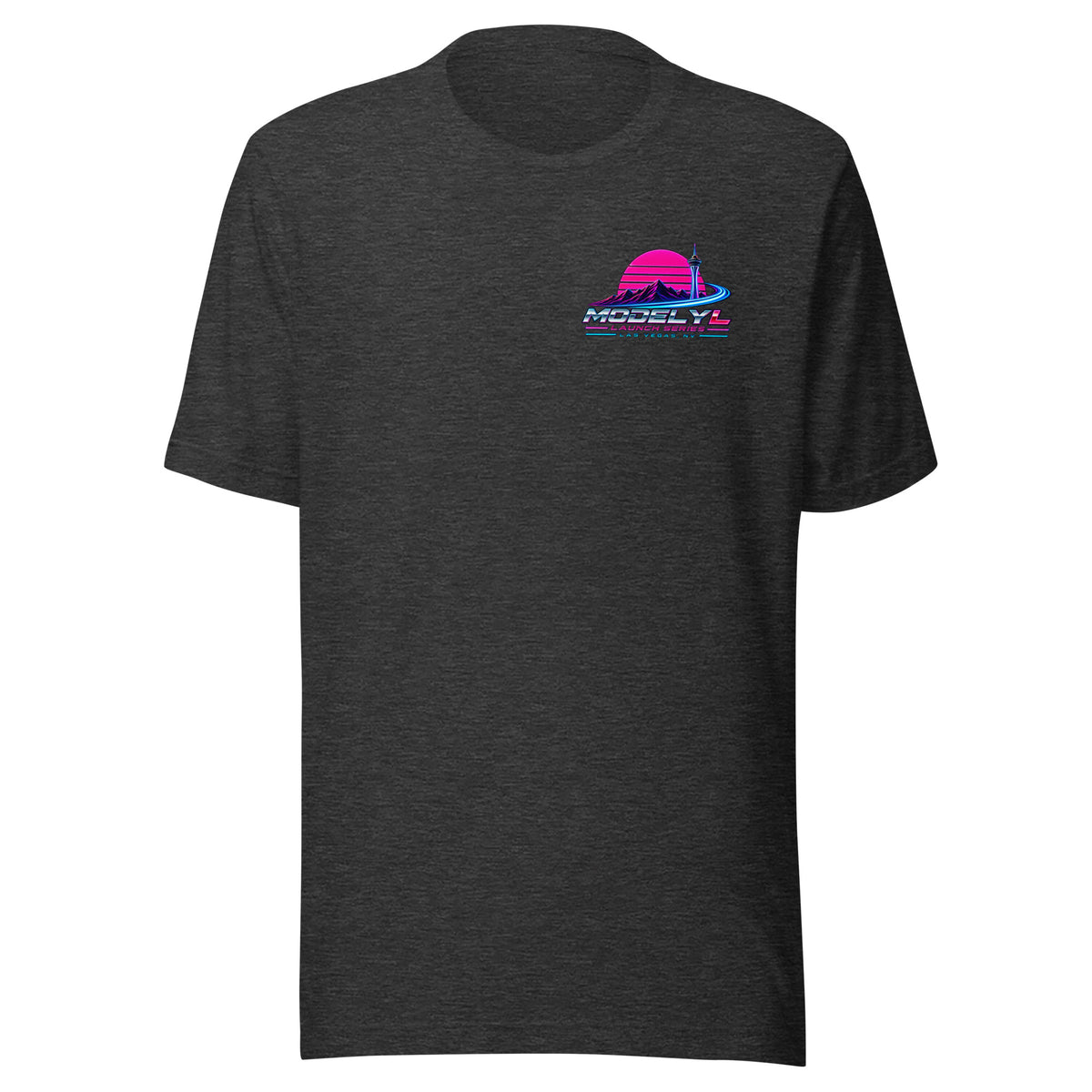 Tesla Model Y L Next Timeline T-shirt in dark grey heather — front view, small chest graphic