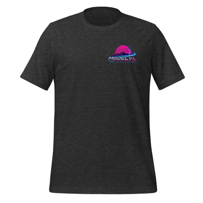 Tesla Model Y L Next Timeline T-shirt in dark grey heather — front view, small chest graphic