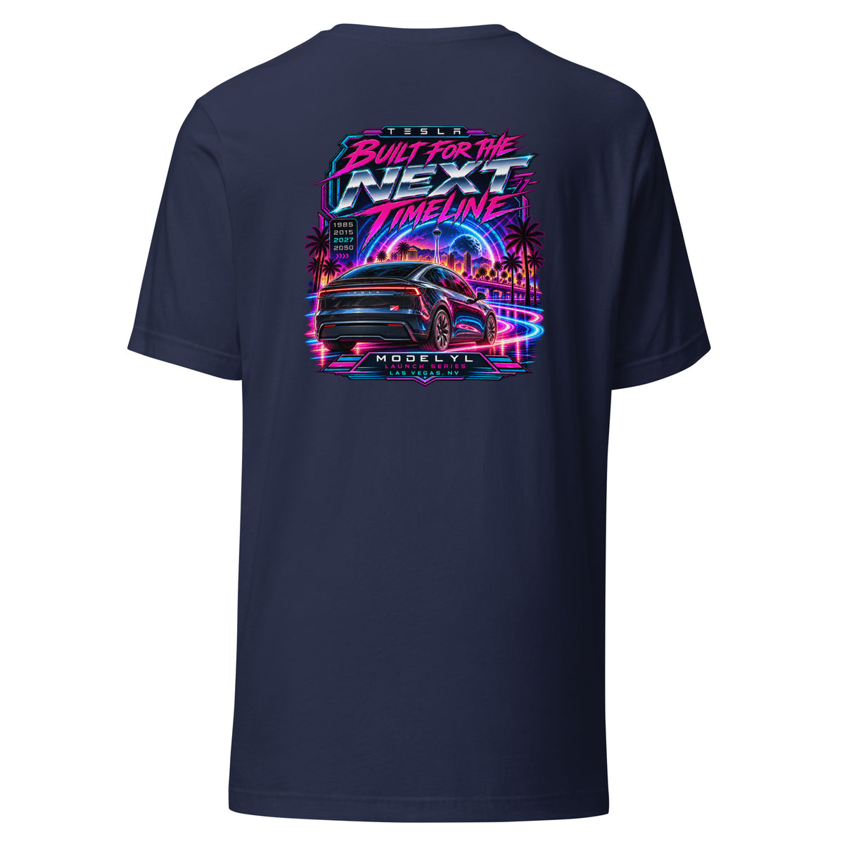 Tesla Model Y L Next Timeline T-shirt in navy — back view, neon synthwave Las Vegas graphic