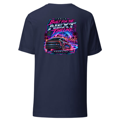 Tesla Model Y L Next Timeline T-shirt in navy — back view, neon synthwave Las Vegas graphic