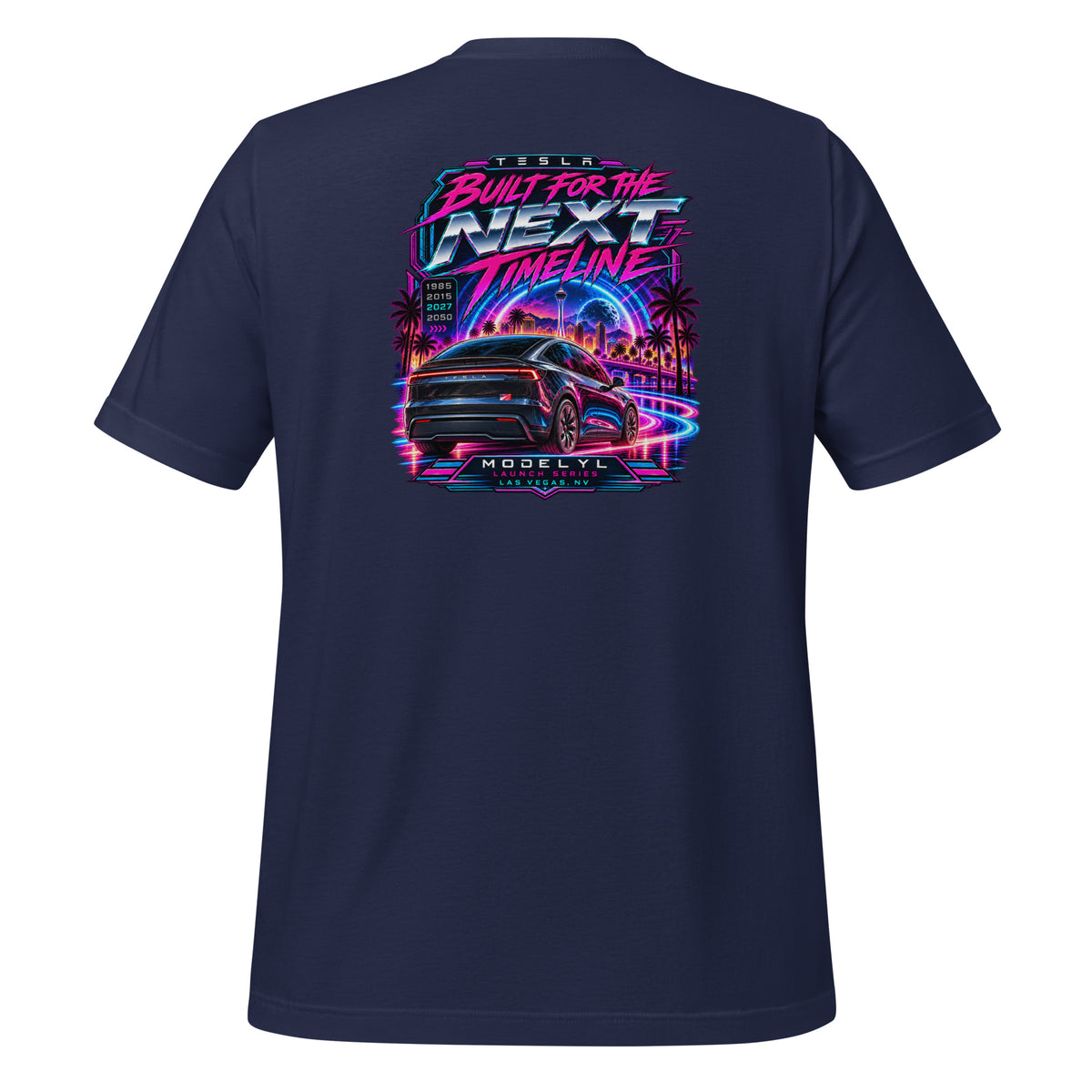 Tesla Model Y L Next Timeline T-shirt in navy — back view, neon synthwave Las Vegas graphic