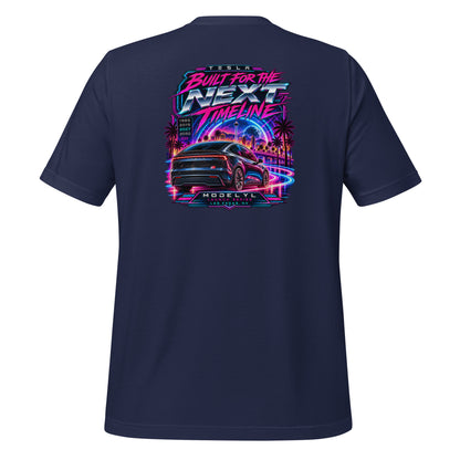 Tesla Model Y L Next Timeline T-shirt in navy — back view, neon synthwave Las Vegas graphic