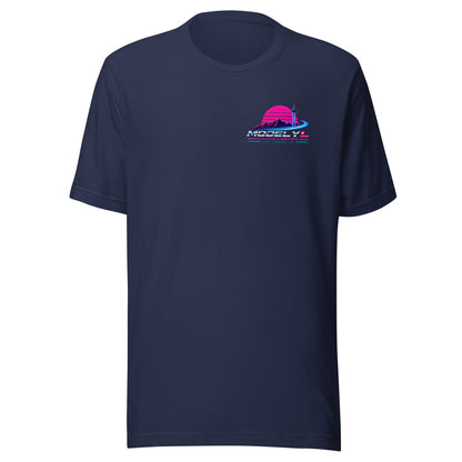 Tesla Model Y L Next Timeline T-shirt in navy — front view, small chest graphic