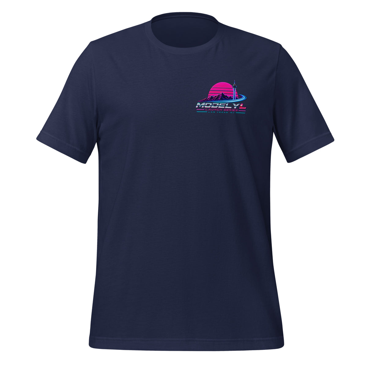 Tesla Model Y L Next Timeline T-shirt in navy — front view, small chest graphic