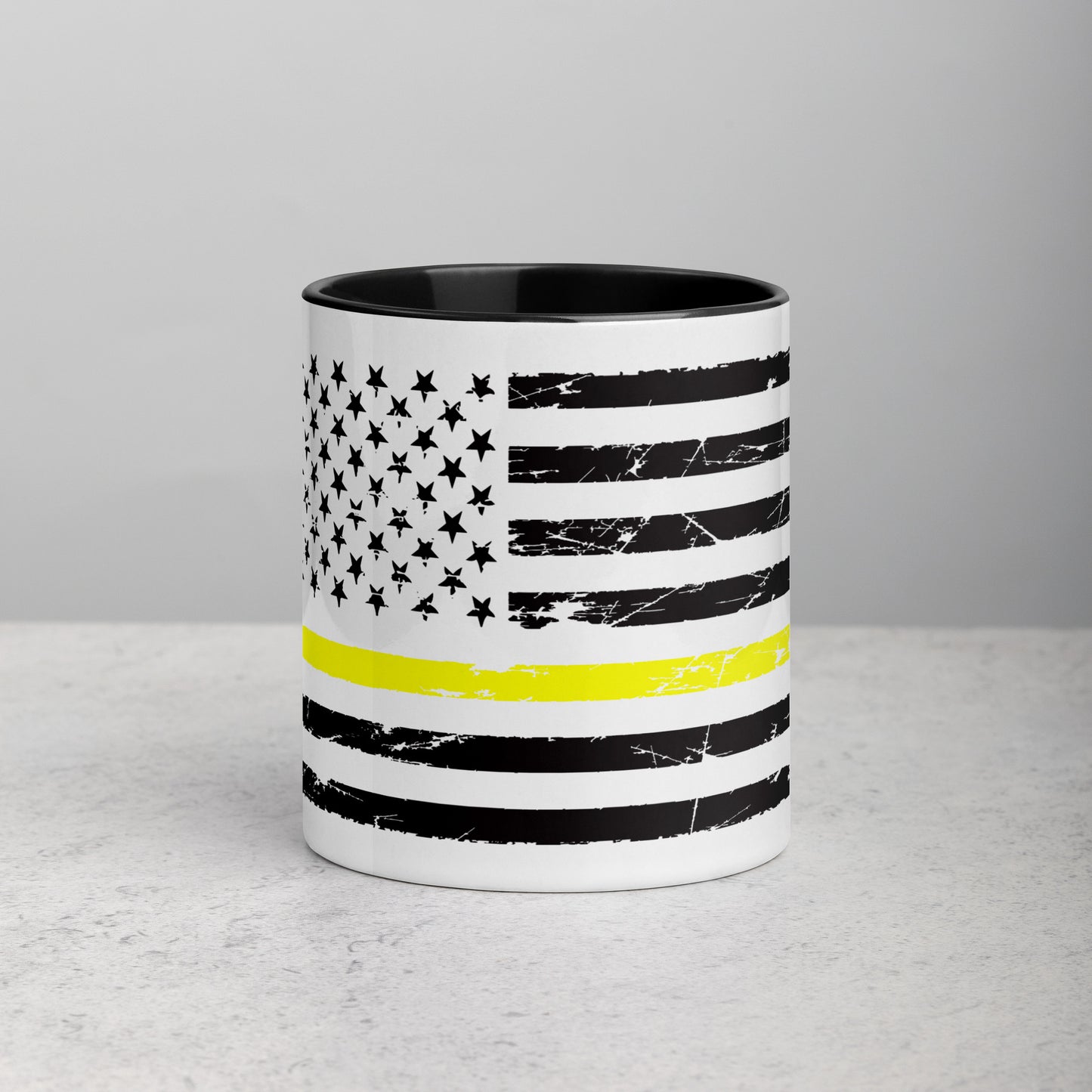 Thin Yellow Line Coffee Mug - Distressed American Flag Design with Color Inside