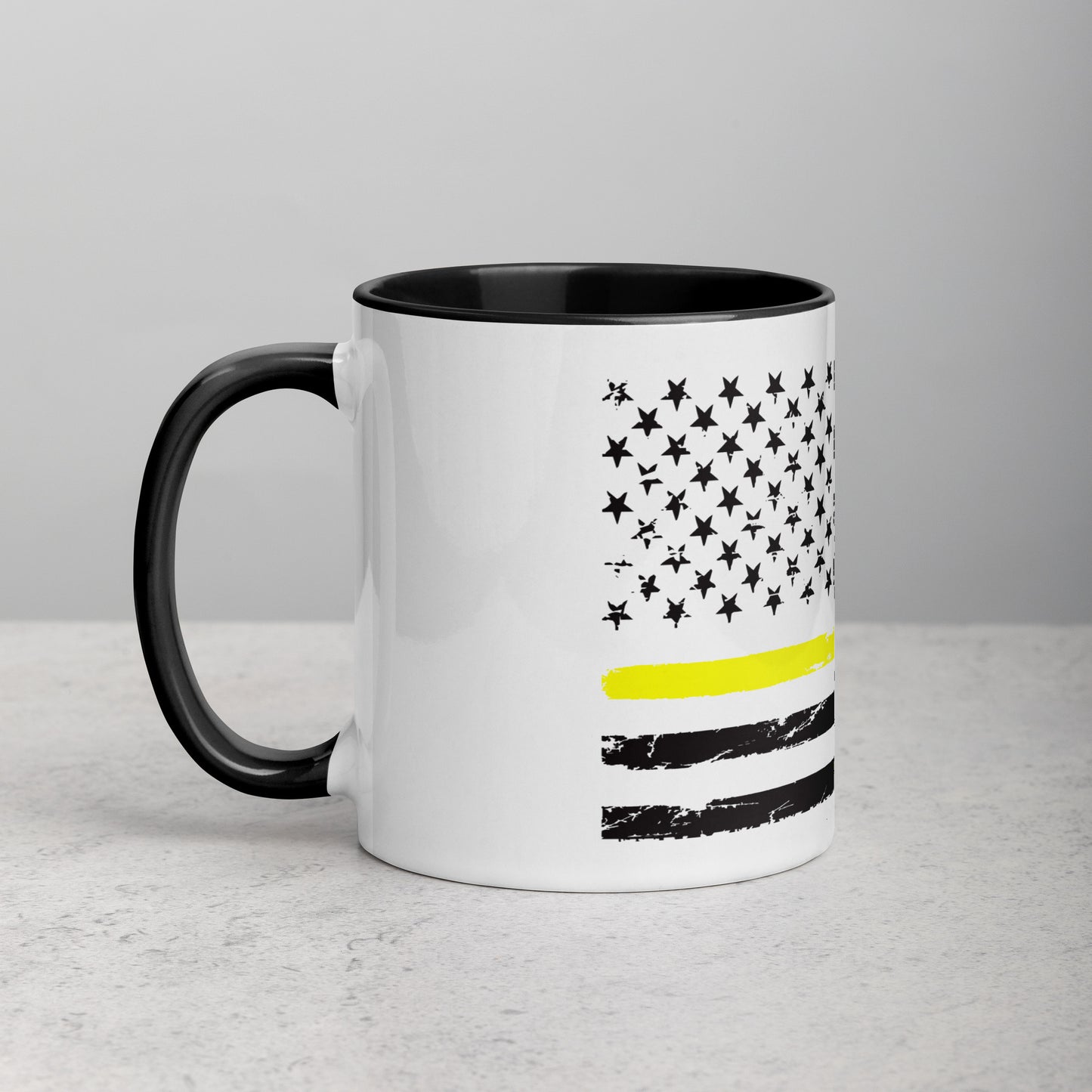 Thin Yellow Line Coffee Mug - Distressed American Flag Design with Color Inside