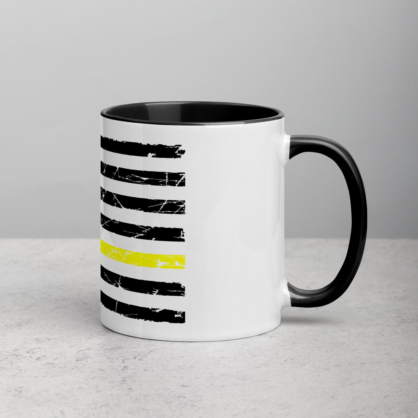 Thin Yellow Line Coffee Mug - Distressed American Flag Design with Color Inside