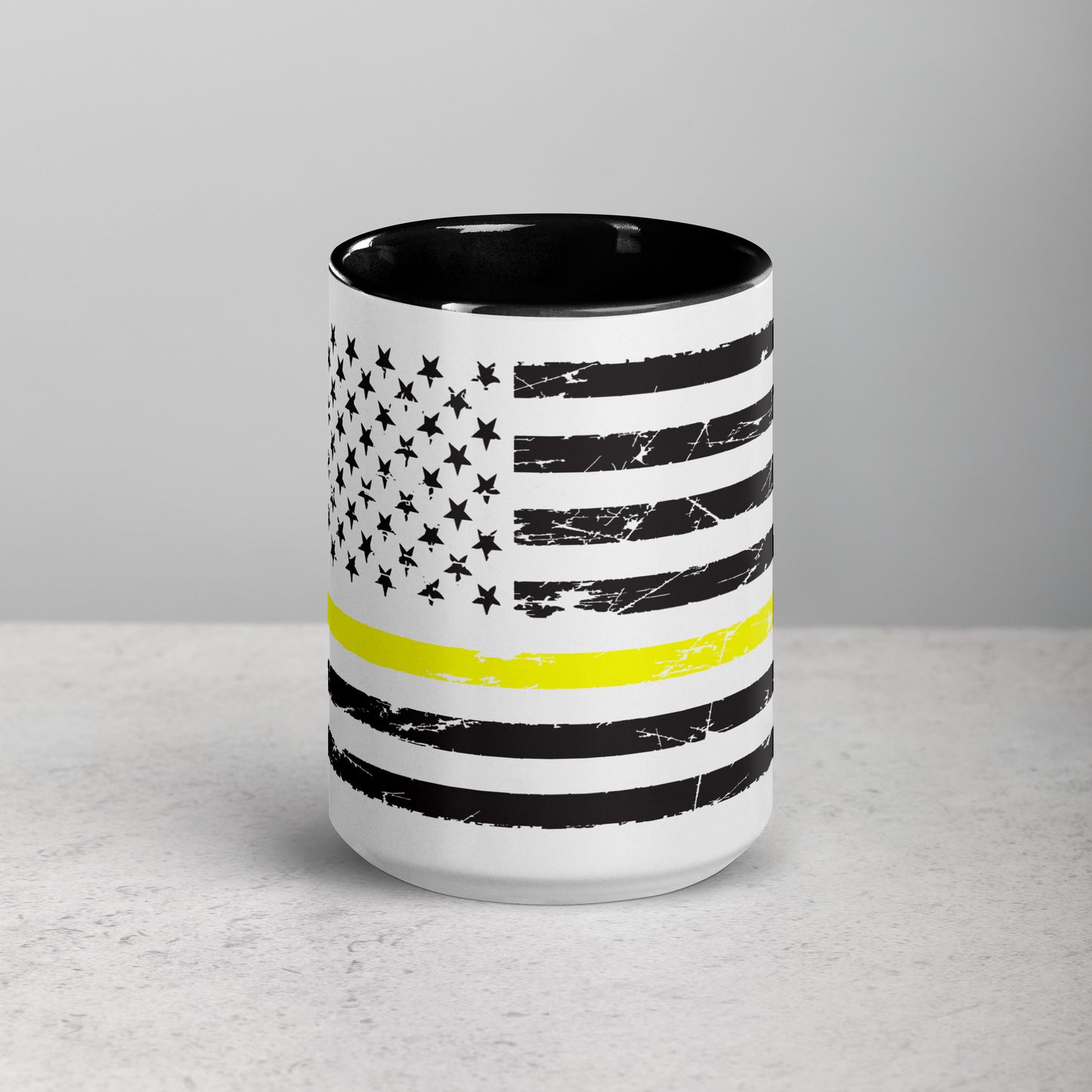 Thin Yellow Line Coffee Mug - Distressed American Flag Design with Color Inside