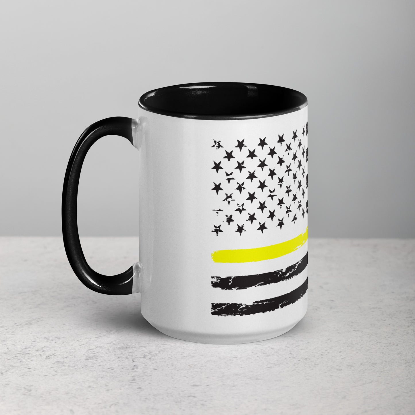 Thin Yellow Line Coffee Mug - Distressed American Flag Design with Color Inside