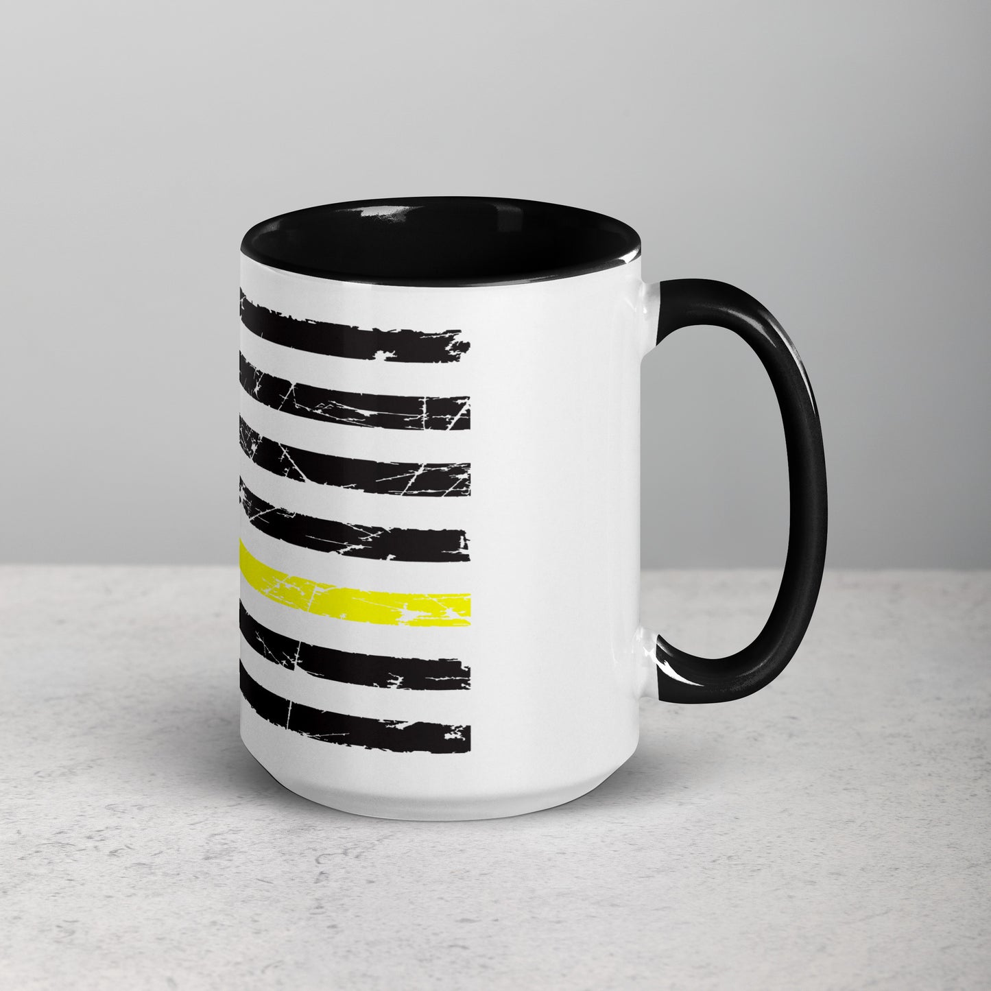 Thin Yellow Line Coffee Mug - Distressed American Flag Design with Color Inside