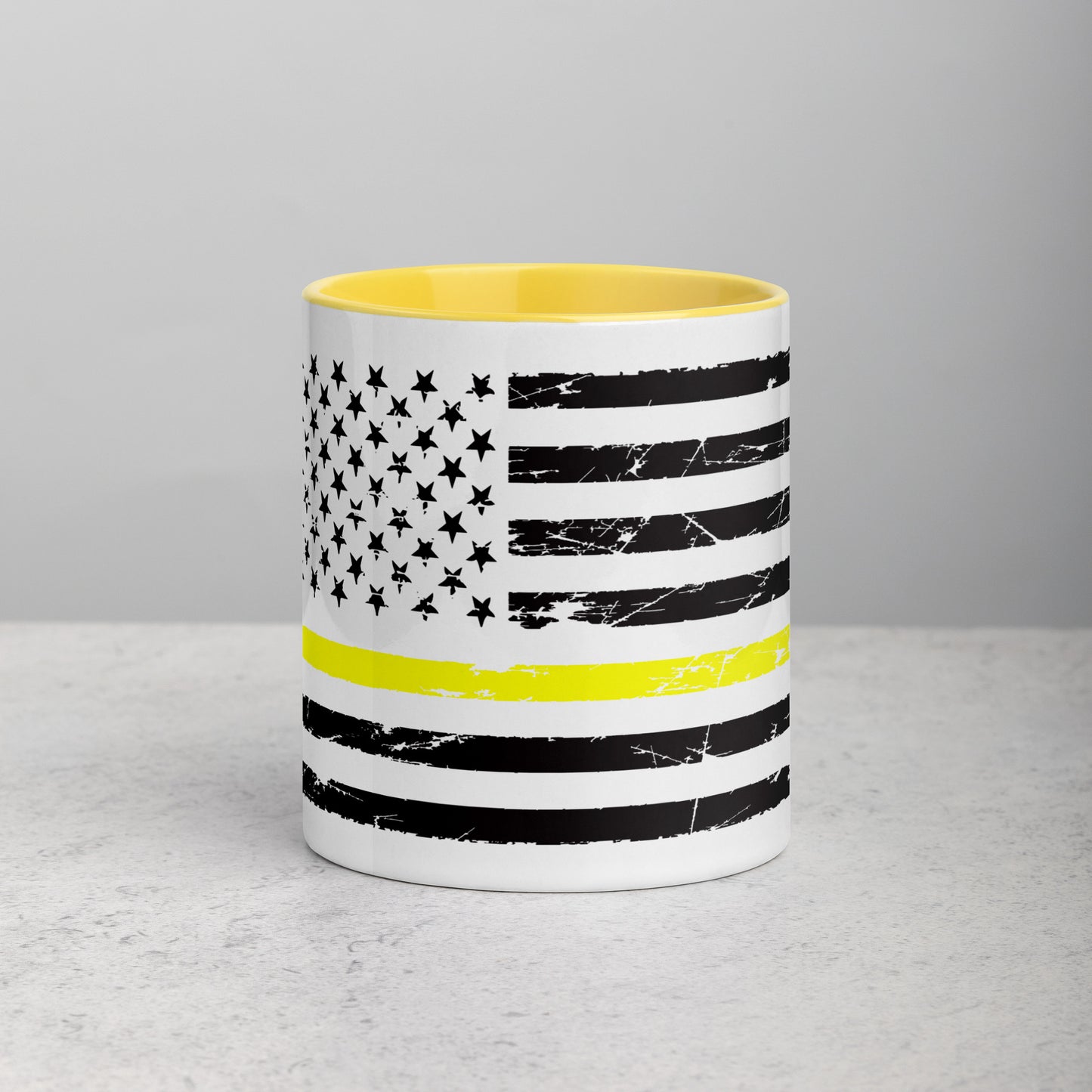 Thin Yellow Line Coffee Mug - Distressed American Flag Design with Color Inside