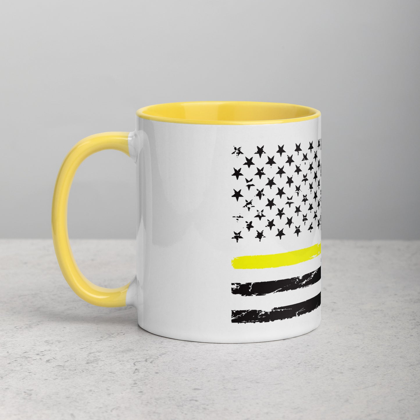 Thin Yellow Line Coffee Mug - Distressed American Flag Design with Color Inside