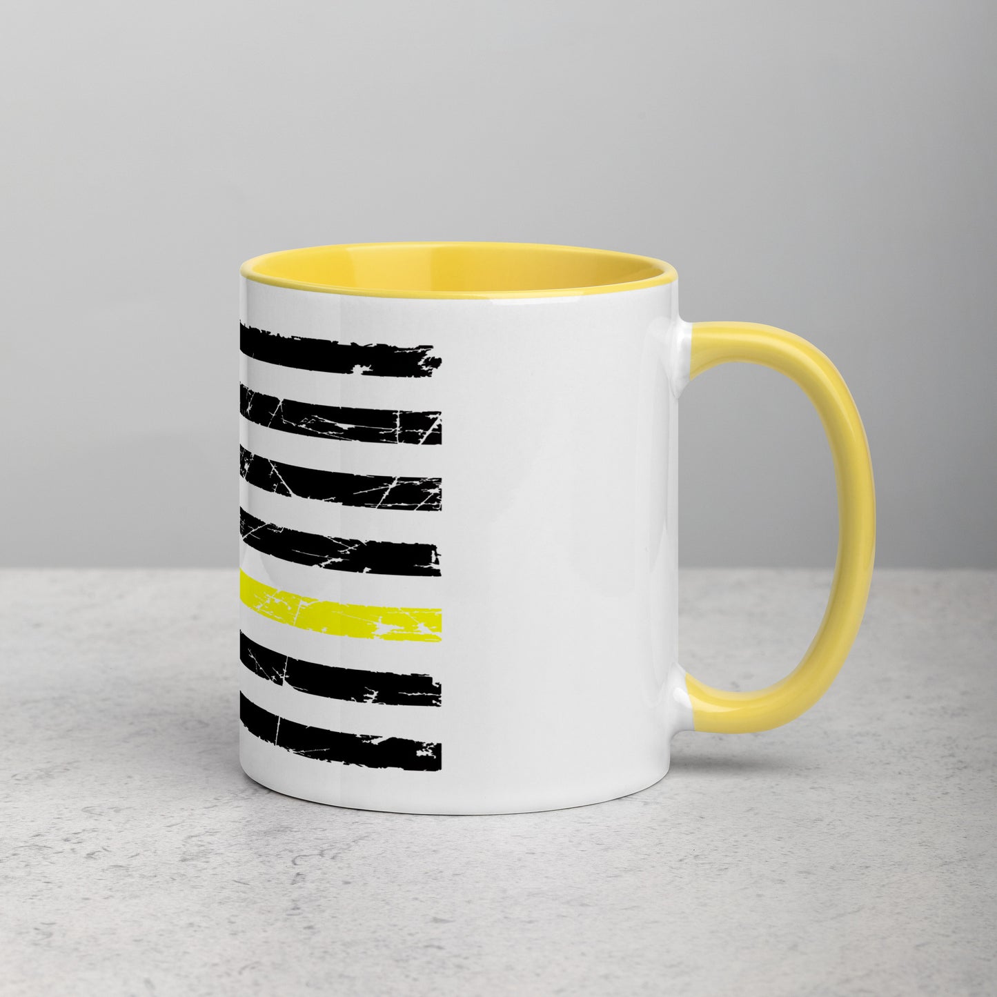 Thin Yellow Line Coffee Mug - Distressed American Flag Design with Color Inside